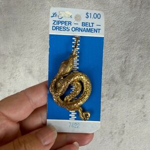Vintage Le Chic Gold Snake Zipper Pull Belt Dress Ornament Serpent 7422 NOS